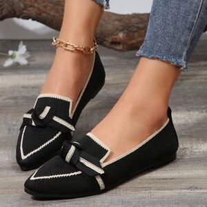 Pointed Bow Top Knit Contrasting Stripe Ballet Flat Casual Loafer Slip-on Shoes